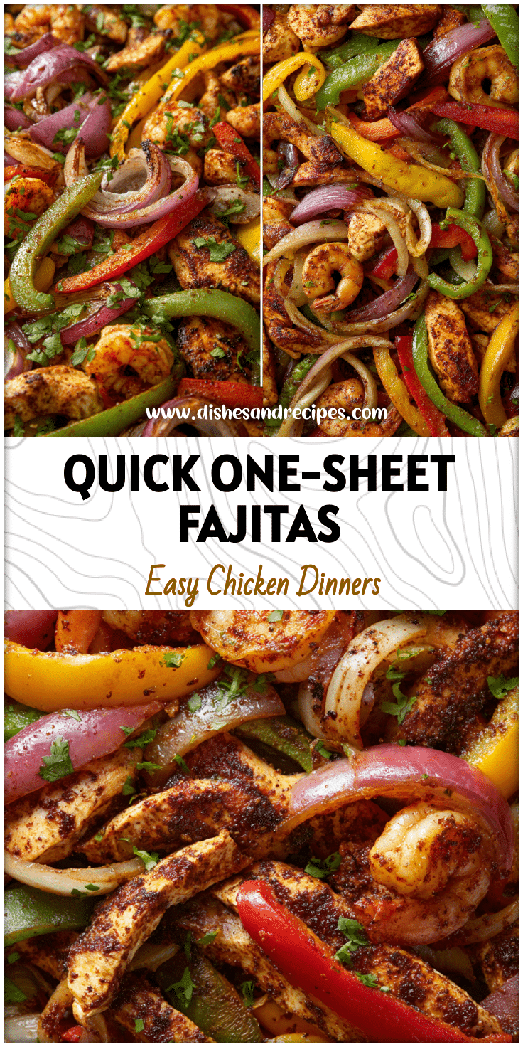 Sheet Pan Grilled Chicken fajitas with shrimp, bell peppers, and onions for an easy One Sheet Fajitas meal.